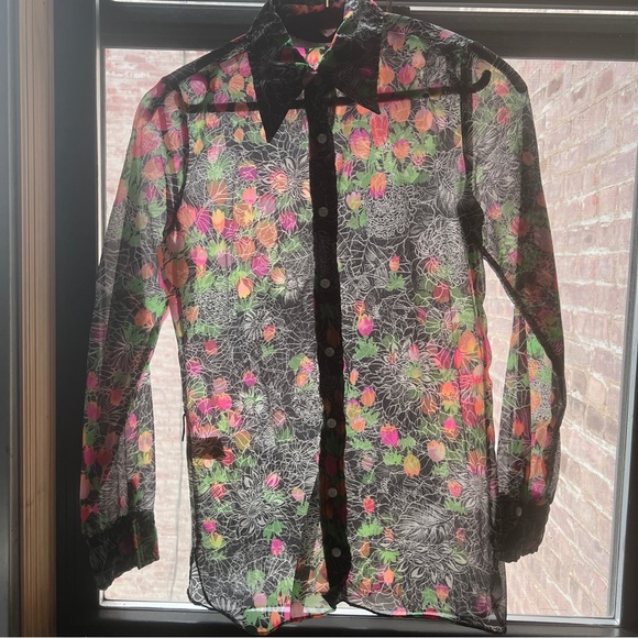 70s dagger collar sheer nylon floral button-up by Lord & Taylor FIFTH AVENUE - Picture 4 of 8